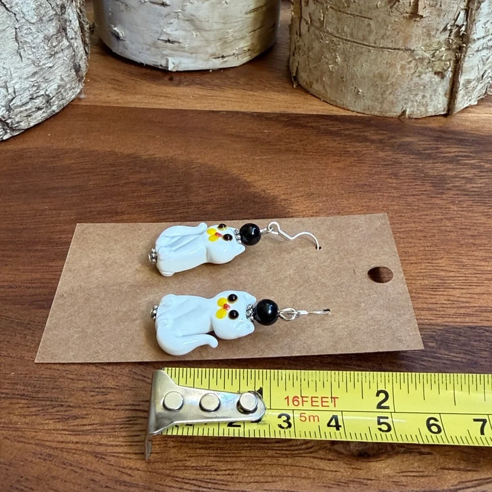 Handmade Glass Cat Earrings Black Bead Stainless Hooks Cute Artisan